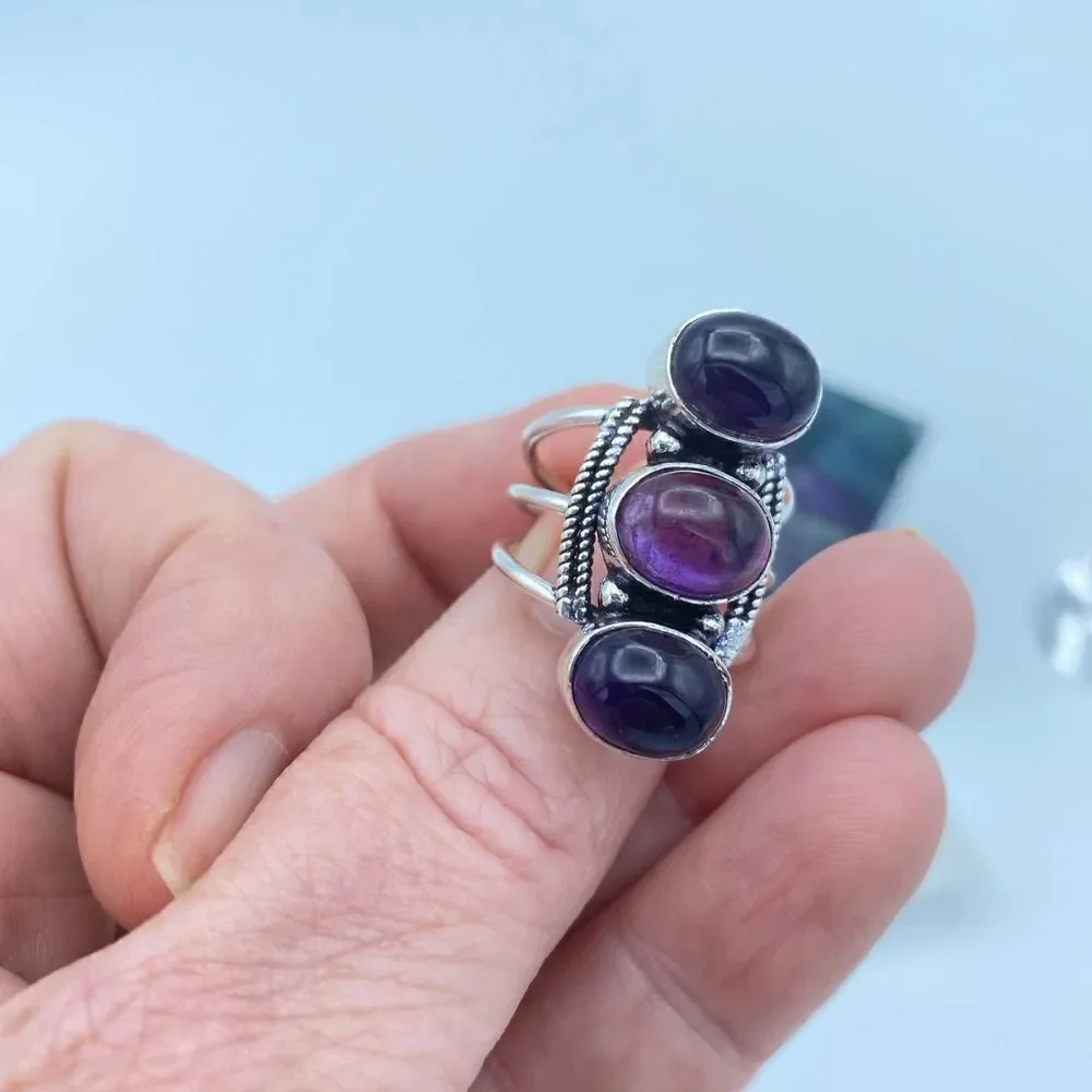 Amethyst Gemstone Sterling Silver Boho Ring Size 7.5